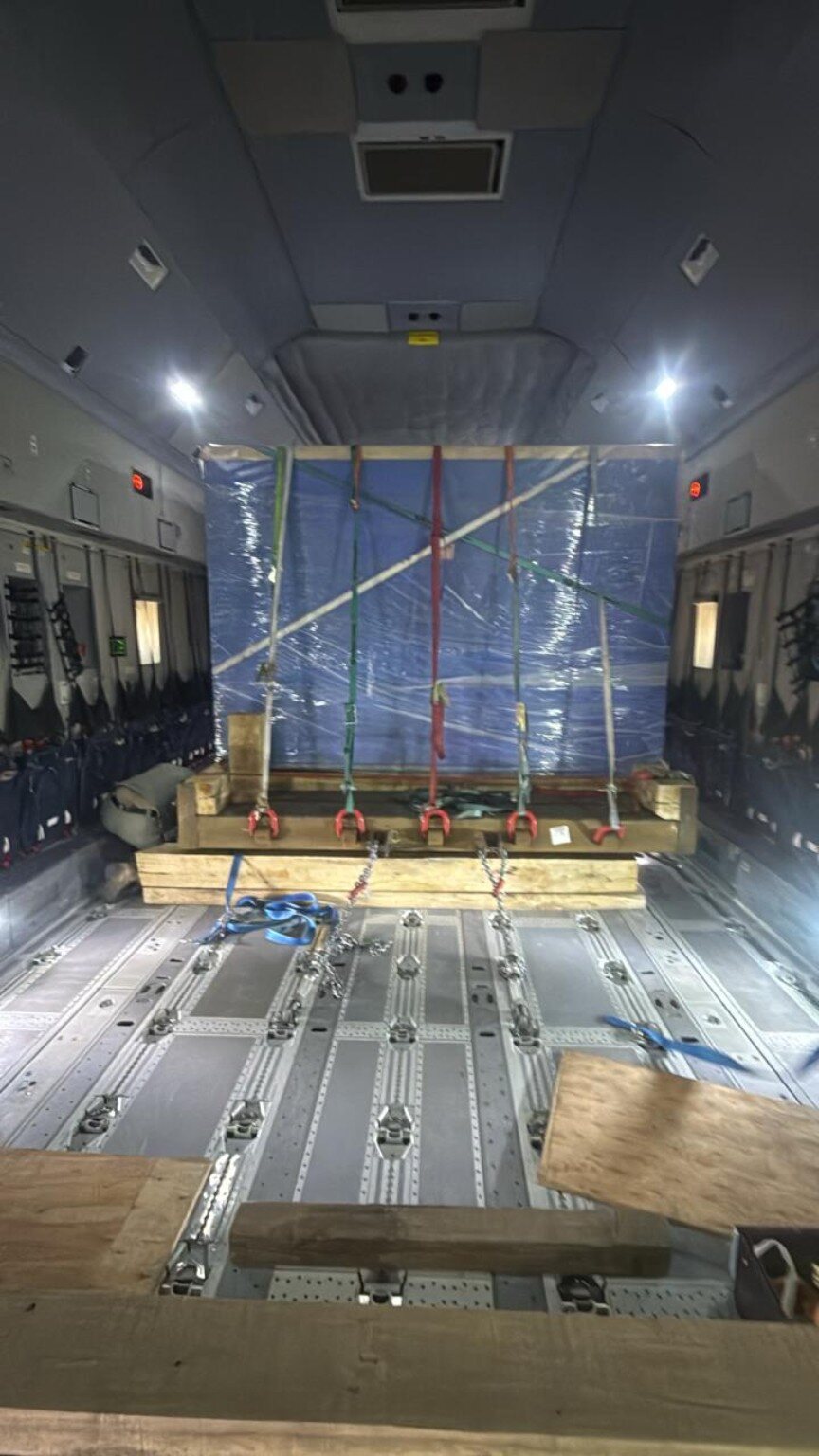 Secured cargo inside an Airbus A400M cargo hold